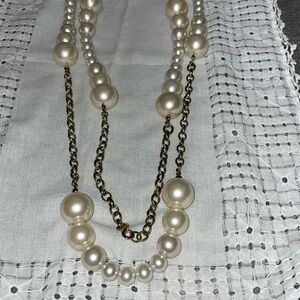 Golden chain bright cream pearl bead continuous chunky long necklace 48”